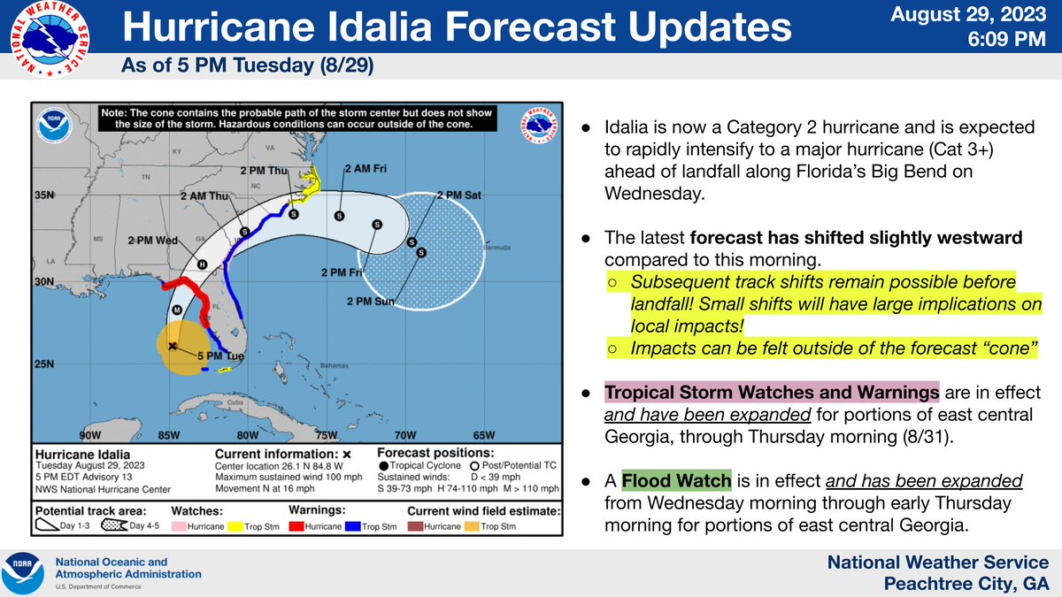 NWSAtlanta's tweet photo. 🚨Updates for����️Hurricane Idalia☔️🚨
The latest track has the storm's center passing through Central &amp; East Central Georgia Wednesday afternoon, w/ strong winds &amp; torrential rainfall expected south &amp; east of the Macon area. Check out https://t.co/h7ZIW7O1hN for the latest details! https://t.co/fuFB2ti5hI