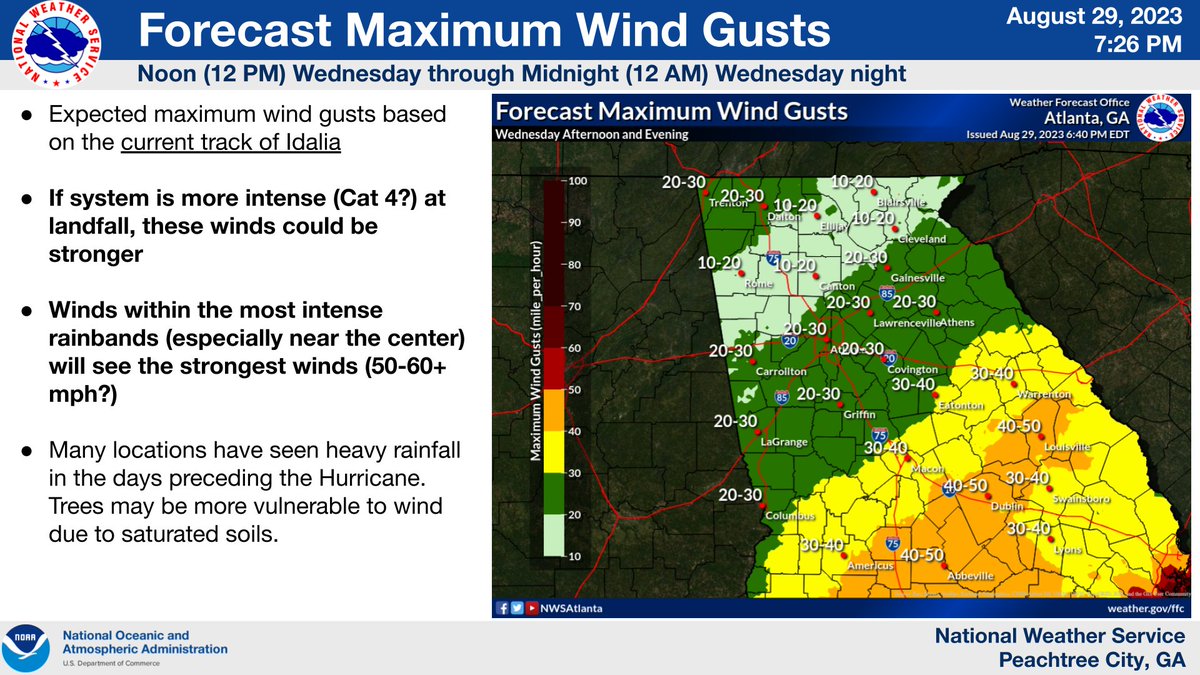 NWSAtlanta's tweet photo. 🚨Updates for����️Hurricane Idalia☔️🚨
The latest track has the storm's center passing through Central &amp; East Central Georgia Wednesday afternoon, w/ strong winds &amp; torrential rainfall expected south &amp; east of the Macon area. Check out https://t.co/h7ZIW7O1hN for the latest details! https://t.co/fuFB2ti5hI