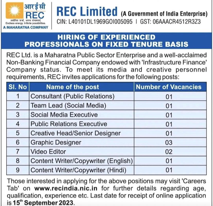 Join prestigious Maharatna PSU #REC in roles like PR Consultant, Social Media Lead, Graphic Designer, and more. Details here👇 #IndianMediaJobs