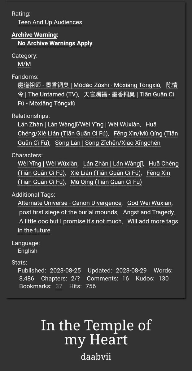 daabvii's tweet photo. #MDZS #TGCF 

In the Temple of my Heart

8.5k words || Chapter 2/?

https://t.co/1Mzz5Mbaco https://t.co/Bun5GzU9eM