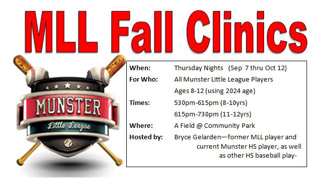 Excited to announce that I will be organizing baseball camps this fall open to all Munster Little League players. 

Players will have the opportunity to: develop their baseball skills, but also learn valuable leadership skills alongside myself and other <a href="/MunsterBaseball/">Mustang Baseball</a> players.