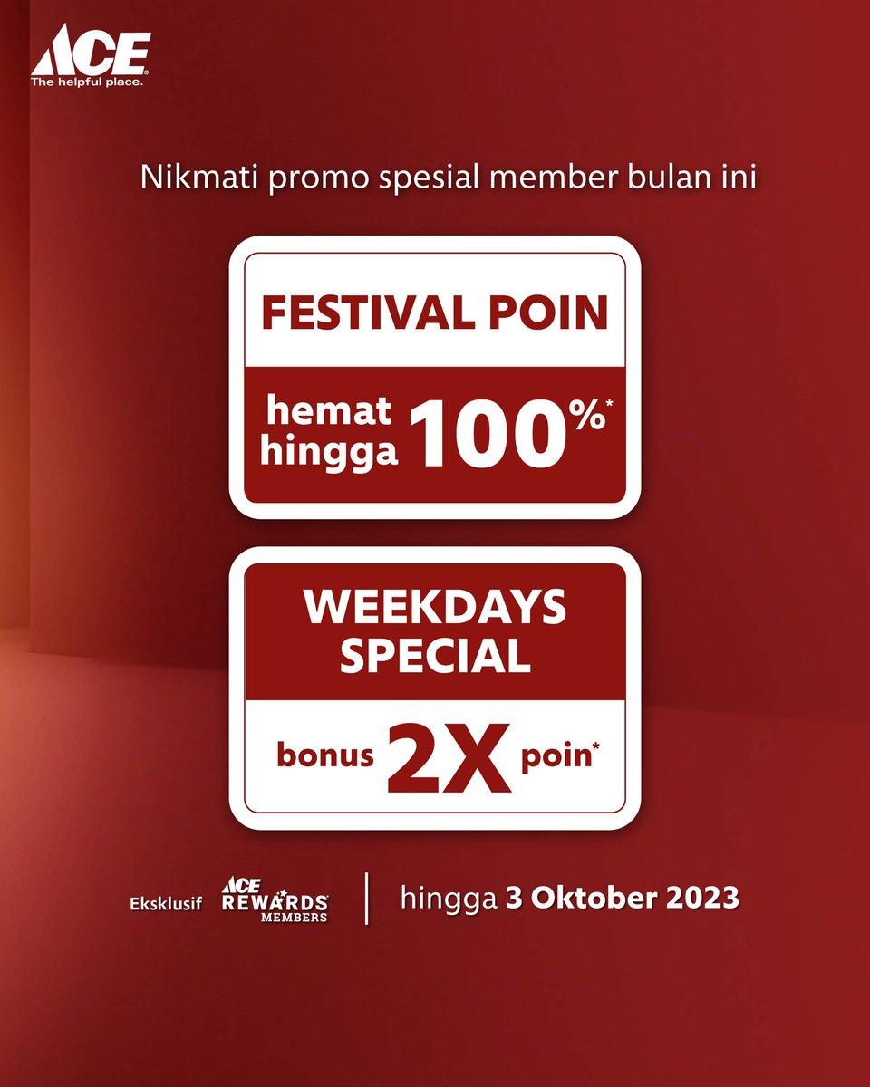 Terima kasih kepada pelanggan setia ACE yang selalu mempercayakan kebutuhan rumah dan gaya hidup di @aceindonesia. 

Spesial untuk kamu di bulan September, kalian berhak dapat #ACEpresiasiUntukmu. Dapatkan beragam promo dan harga spesial untuk produk kebutuhan urusan rumah.