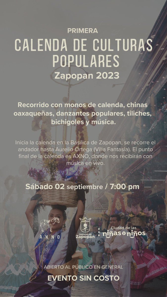 manuelrommm's tweet photo. Este fin, Zapopan recibe un recorrido con una calenda llena de música, baile y danzantes provenientes de Oaxaca, Puebla y Michoacán.
Nos vemos en Plaza de las Américas a las 19:00 H. ¡Abierto a todo público!
#Zapopan #Calendas #Oaxaca https://t.co/84shKupwpV