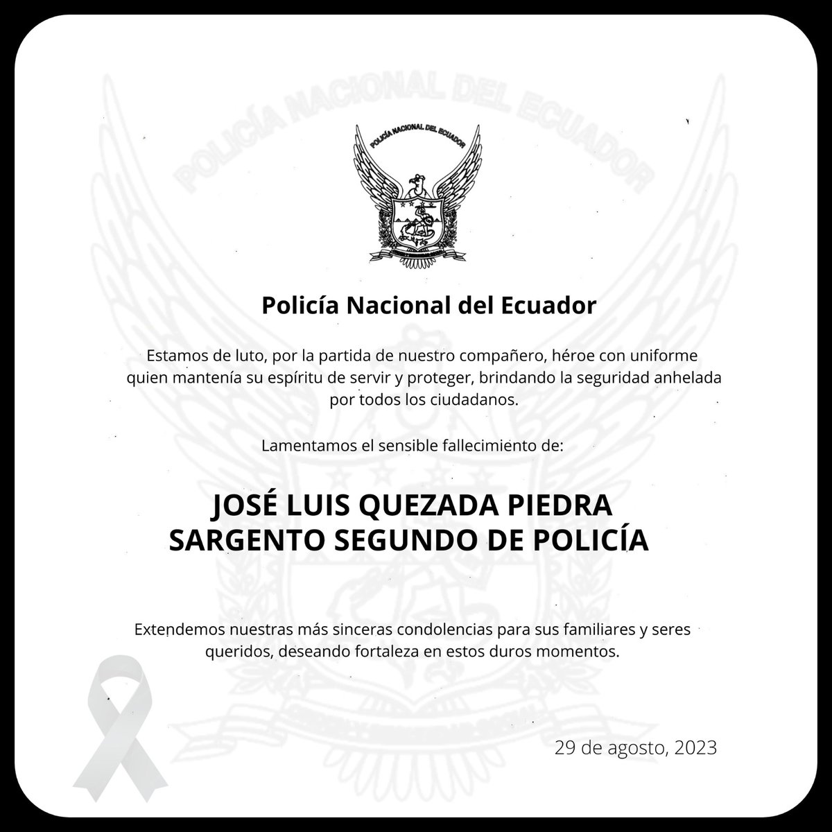 Policรญa Ecuador (@policiaecuador) on Twitter photo ๐๐๐๐๐๐๐๐๐๐ ๐๐๐
๐๐๐๐๐ ๐๏ธ
El sensible fallecimiento de nuestro compaรฑero #SgosJosรฉQuezada, quien fue vรญctima de un acto violento mientras realizaba un procedimiento, en #ElOro.
Se han desplegado unidades investigativas y operativas para capturar a los ๐๐๐๐๐๐๐๐๐๐ ๐๐๐
๐๐๐๐๐ ๐๏ธ
El sensible fallecimiento de nuestro compaรฑero #SgosJosรฉQuezada, quien fue vรญctima de un acto violento mientras realizaba un procedimiento, en #ElOro.
Se han desplegado unidades investigativas y operativas para capturar a los