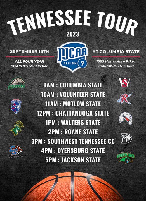 Charger Nation, your <a href="/ColumbiaState/">Columbia State</a> Chargers will be hosting the Tennessee Junior College Tour for the TCCAA Men’s Basketball Teams Sept 15th!!!

D1, D2, D3, &amp; NAIA coaches are all invited to attend to scout all the talent the <a href="/TCCAAsports/">Tennessee Community College Athletic Association</a> has to offer!!!   

GO CHARGERS!!!