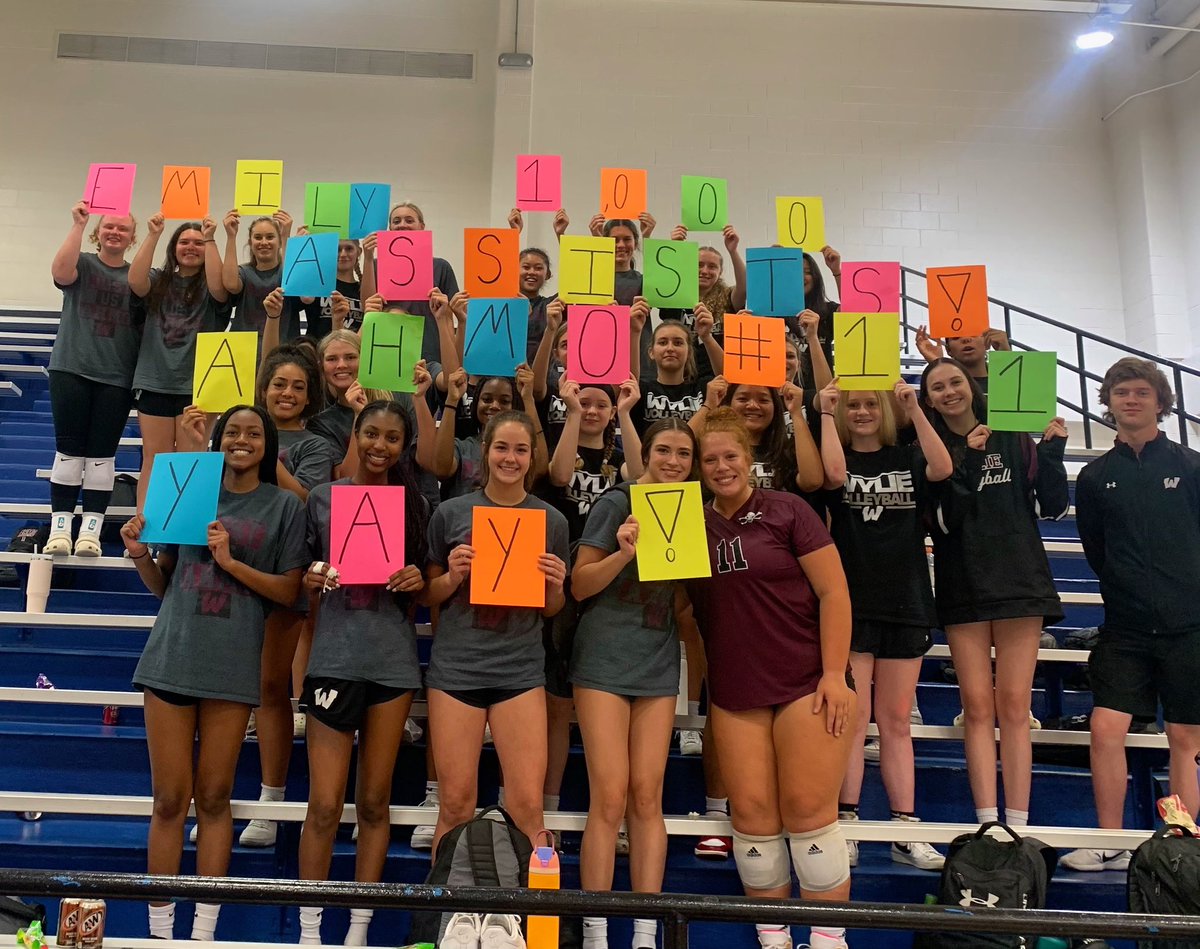 wylievolleyball's tweet photo. Congratulations to Senior setter, Emily Behrens, for hitting a huge milestone of 1,000 career assists! 
Congratulations Emily, and thank you for all you do for our program! 
#AHMO  🏐🎉 https://t.co/s8JZrN3FD4
