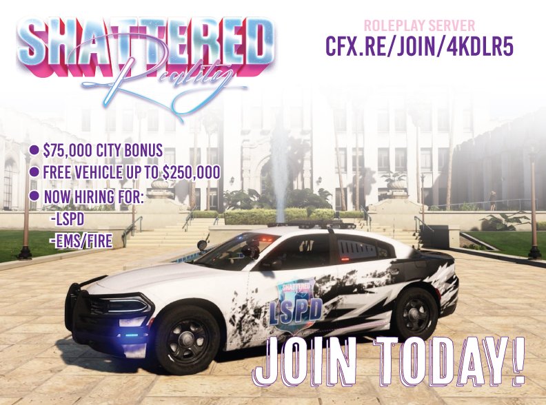 TheFallenVix's tweet photo. If anyone is looking for a new city to run in, Shattered Reality is welcoming new members. They are Whitelisted.
Feel free to dm for the discord link :).
#GTARP #FiveM https://t.co/CwvRtIWtbC