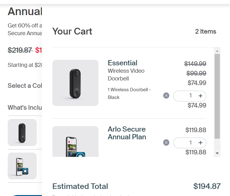 melly__bee's tweet photo. I need help @ArloSmartHome I am trying to get this camera doorbell. The bundle tells me the total price &amp; the price of each item. When I add it to my cart, the price changes. What's the deal? "Chat with bot" option didn't help &amp; I don't see an email to reach out to. Please help https://t.co/0K3zvSD85Y