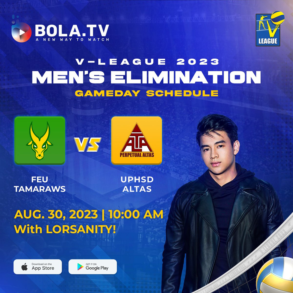 bolatvph's tweet photo. Game day of Men’s #VLeaguePH between the #FEU Tamaraws and #UPHSD Altas. Will the Tamaraws beat the 2nd seed Altas to make their way up the standings? 

Watch Lorsanity on the https://t.co/niwES3YtiL website or app, available on Android and iOS

#BolaTVPH #VLeaguePH https://t.co/WZWauIY9FU