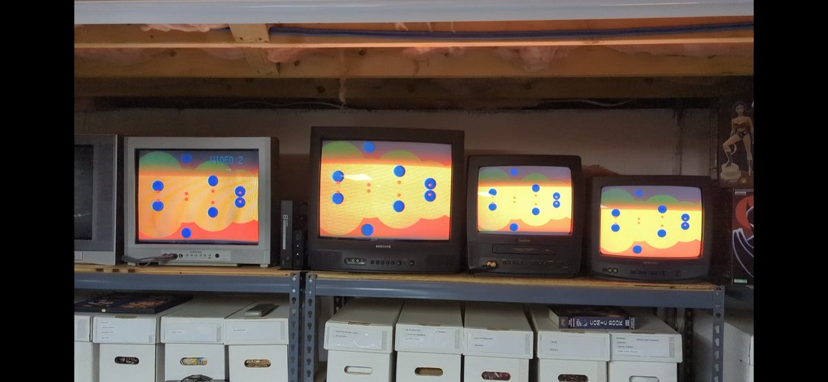 Got 5 TVs hooked up to a movie box.  Waiting on universal remote for Toshiba.  This was a Flaming Lips album I ripped to 240p off a DVD.  Had a small video earlier, but trying to look out for people with epilepsy.