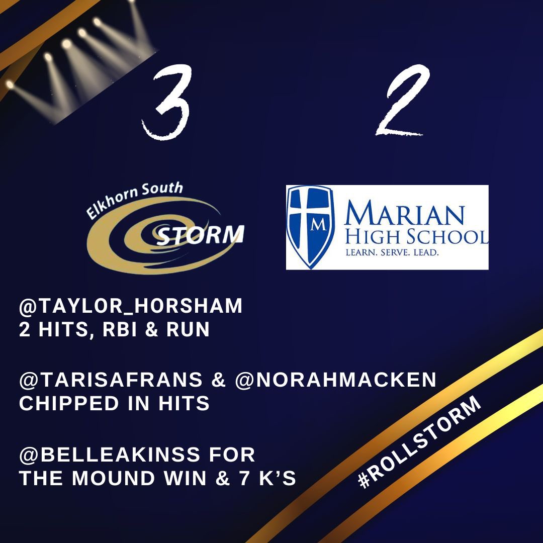 Roll Storm Roll... 🔥 Elkhorn South for the 3-2 Victory against <a href="/CrusadersSball/">Marian Softball</a> . <a href="/taylor_horsham/">taylor horsham</a> for 2 hits, rbi and a run. <a href="/TarisaFrans/">Tarisa Frans</a> &amp; <a href="/NorahMacken/">Norah Macken</a> both chipped in hits. <a href="/belleakinss/">belle akins</a> dominated the mound with 7 k's and the mound win! #rollstorm <a href="/NebraskaHSSB/">Nebraska HS Fastpitch</a> <a href="/NEPrepZone/">Nebraska Prep Zone</a>