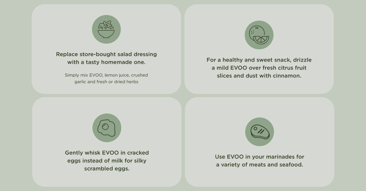 Extra virgin olive oil is an incredibly versatile ingredient, so we have gathered a few tips to inspire you to enjoy more EVOO in your diet and help you reach the recommend 2-3 tablespoons a day.