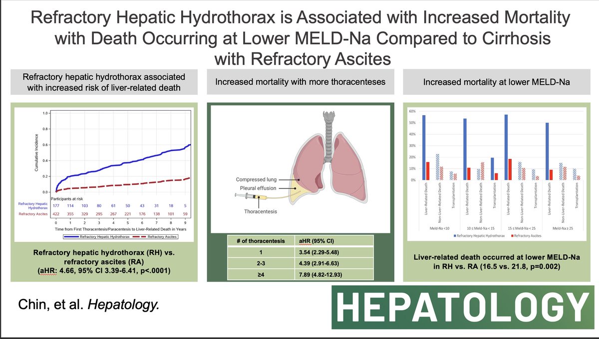 #Livertwitter A most dreaded complication of #cirrhosis is refractory hepatic hydrothorax (RH) Our paper in @HEP_Journal RH ⬇️prognosis >Refr ascites ☝️RH -> ⬆️liver relatd death- HR 4.63 ✌️⬆️Mortality ->⬆️# thoracentesis Death in RH @ ⬇️MELD-Na than RA pubmed.ncbi.nlm.nih.gov/37625139