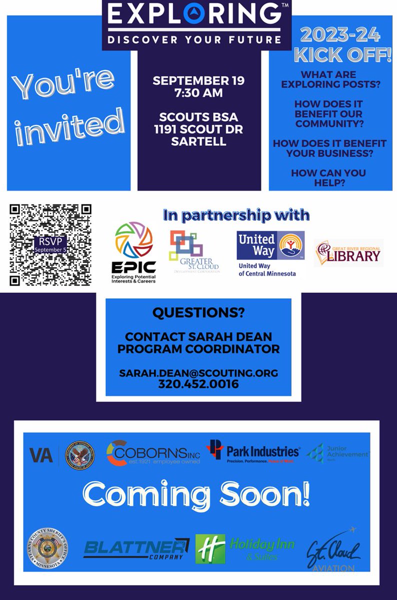 Do you have a passion for helping youth? Come learn about the opportunities to help youth discover their future career. Learn about our many opportunities at our 2023-24 Exploring Program Kick Off!

Use the QR code below to RSVP by Sept 5!