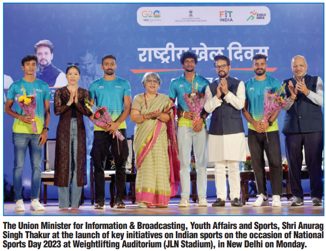 #NationalSportsDay2023 : The Union Minister for Information & Broadcasting, Youth Affairs and Sports, Shri Anurag Singh Thakur at the launch of key initiatives on Indian sports on the occasion of National Sports Day 2023 at Weightlifting Auditorium (JLN Stadium), in New Delhi on…