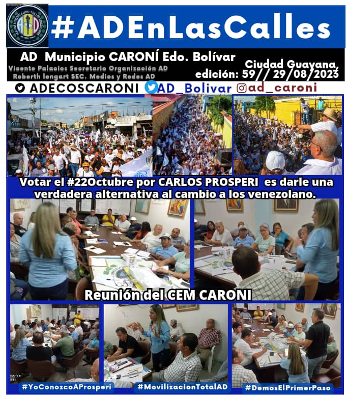 #29Ago 2023
El equipo de CEM, CEP de Caroní y representantes del CES, evaluando estrategias y líneas a seguir para lograr que @prospericarlos sea el abanderado de las primarias de la oposición Vzlna
#OrganizadosConProsperi 
#DemosElPrimerPaso 
@FreddyValera_AD
@aidagonzalez33