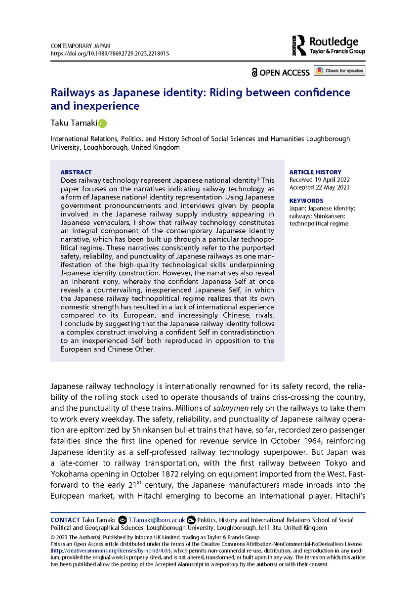 CJ_jrnl's tweet image. New #OpenAccess article: Does #railwaytechnology represent Japanese national identity? @TakuTamaki @lborouniversity examines Japan&apos;s railway #technopolitical regime &amp;amp; challenges vis-à-vis Europe &amp;amp; China in global railway technology @japansocsci #shinkansen doi.org/10.1080/186927…