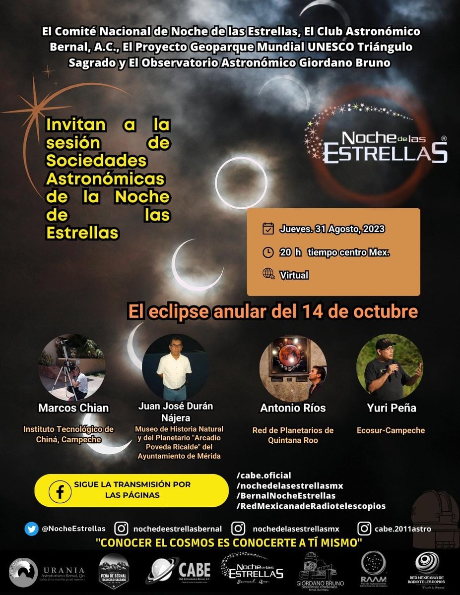 Este jueves 31 de agosto, una sesión más de las agrupaciones astronómicas de la #NdE2023 en el canal del Club Astronómico Bernal! Los grupos de Campeche, Yucatán y QRoo nos platican lo qué están preparando para los <a href="/EclipsesMexico/">Eclipses México</a> de 2023 y 2024! No se lo pierdan, 20h FBLive!