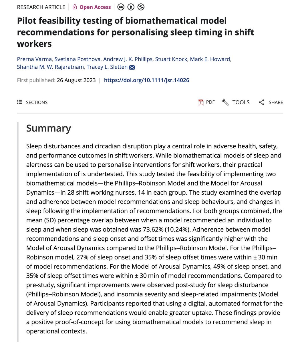 New paper 🚨
Biomathematical models can provide tailored shift work interventions, but can we implement them? 
In this study, we examined whether nurses can adhere to personalised sleep recommendations provided using two models (the Phillips-Robinson Model and the Model of