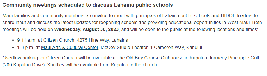 "Two public meetings on Wednesday [tomorrow, 8/30/23] will provide the first real chance for the DOE and those affected by the West Maui fires to share input..." (details below)

staradvertiser.com/2023/08/29/edi…