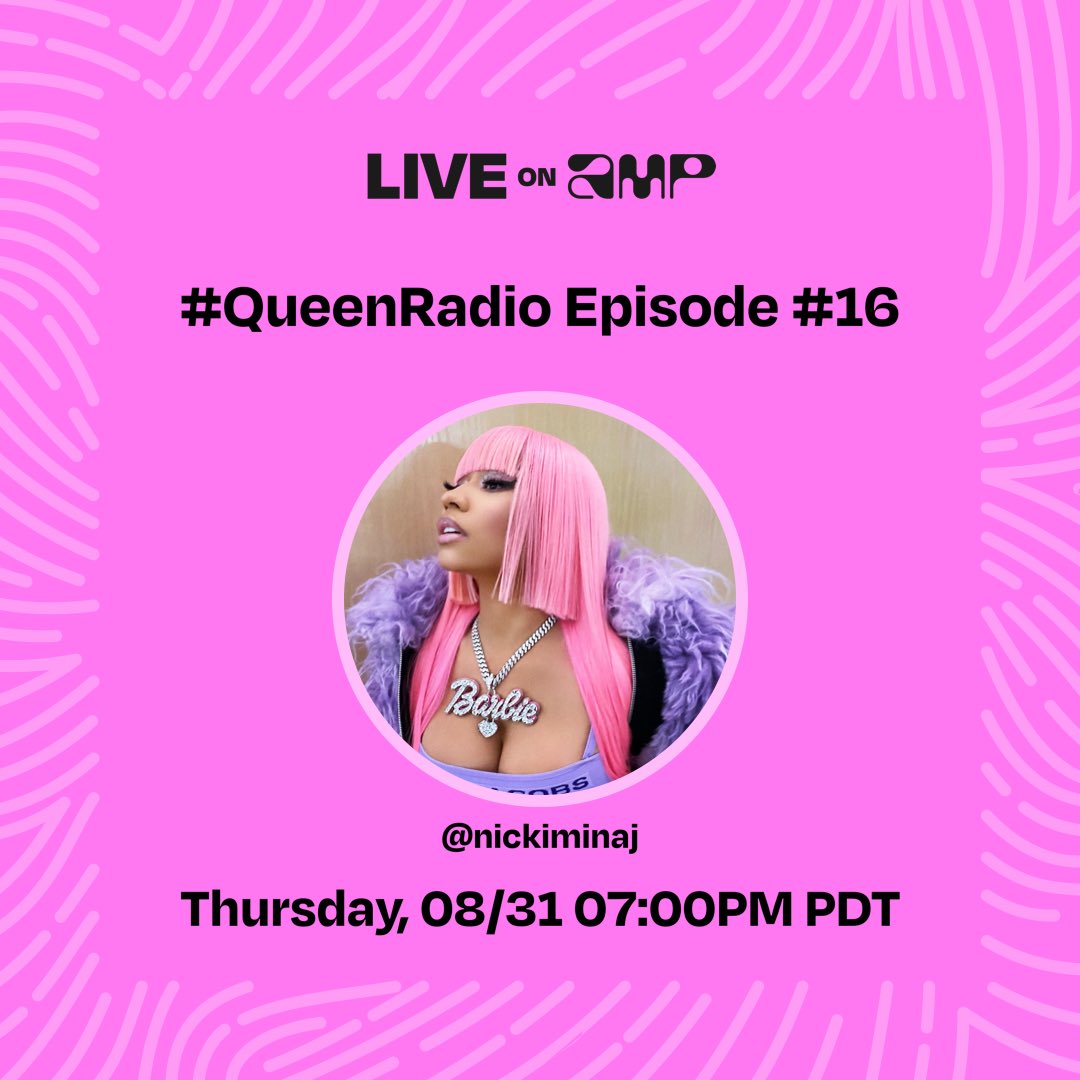 NICKIMINAJ's tweet photo. My show, #QueenRadio Episode #16, is set to go live on Amp on 8/31 at 07:00 PM PDT. Follow me to listen!
https://t.co/7hh5KP9Kj9 https://t.co/WDI8Z1VcuG