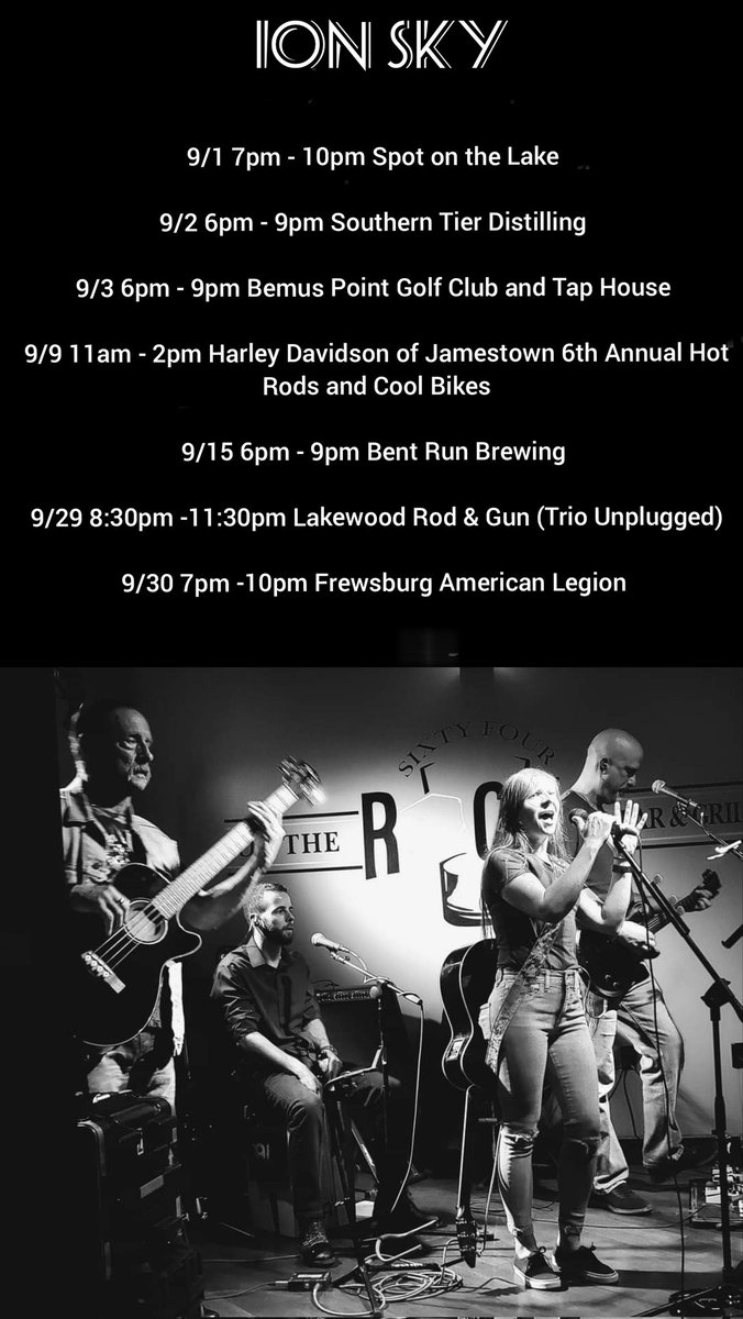 IonSkyBand's tweet photo. #ionskyband #coverband #livemusic #westernny #singer #performance #music #schedule #September https://t.co/deLGxR2CeI