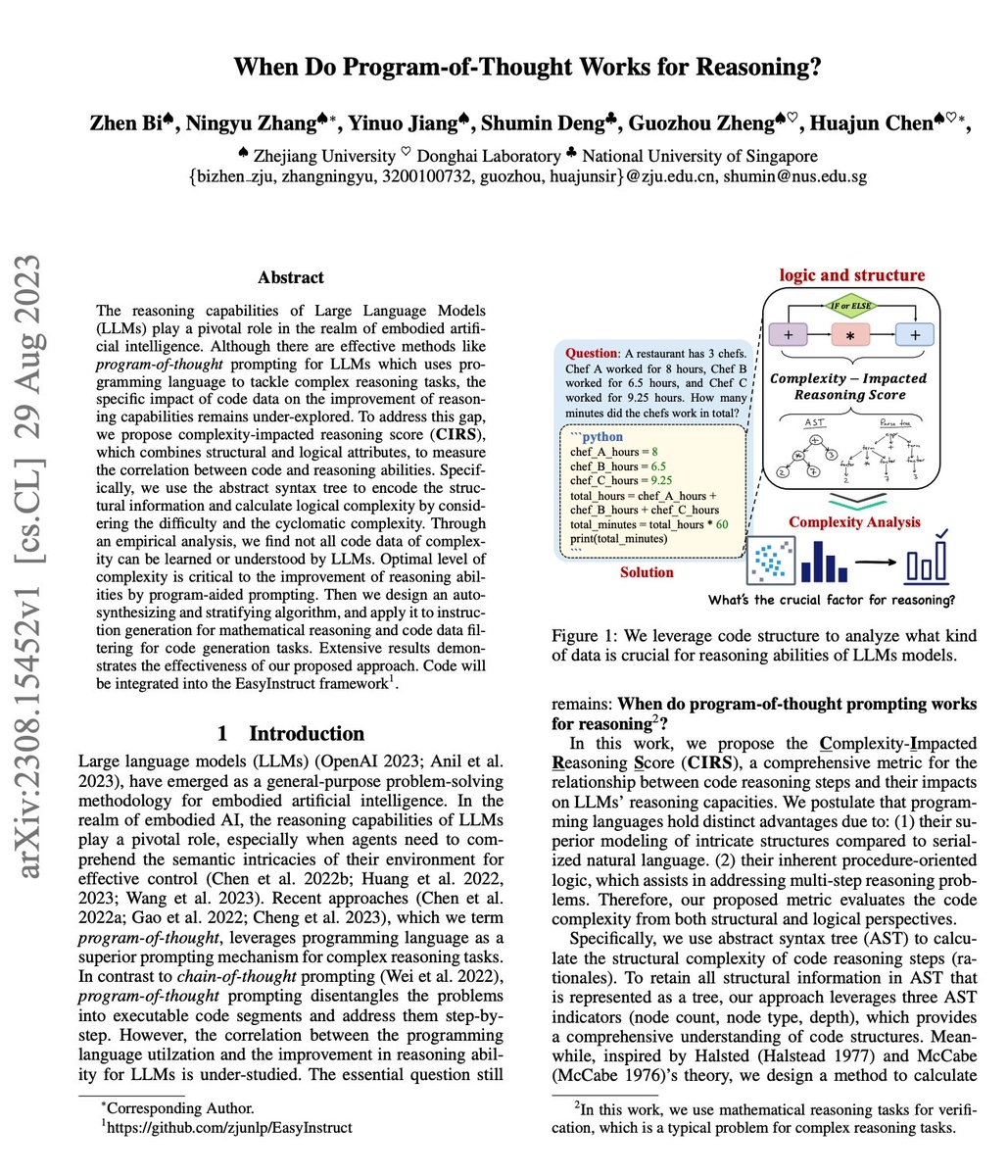 zxlzr's tweet photo. Ever wondered about the connection between code (Program-of-Thought) and the reasoning ability of LLMs? 🤔 We've delved into this intriguing realm through empirical analysis and uncovered some fascinating insights.

📊 Introducing Complexity-Impacted Reasoning Score (CIRS): a fusion of structural & logical aspects, gauging the link between code and reasoning capabilities.

⚙️ Leveraging CIRS, we've crafted an innovative autosynthesizing and stratifying algorithm. Its magic? Powering instruction generation for mathematical reasoning & refining code data for code-gen tasks.

🔍 Just a heads up: This is our initial version, and we're continuously updating and polishing this paper! #CodeLogicReasoning #DataScience

ArXiv: https://t.co/7tldE8v0Q5