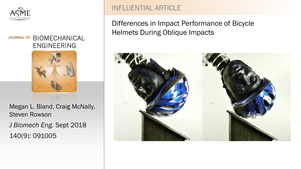 Today’s #JBME #ThrowbackThursday is the most-cited paper from five years ago this month. @strowson and researchers from @BEAMvt performed bicycle helmet testing and suggested new safety standards focused on real-world impact directions: doi.org/10.1115/1.4040…