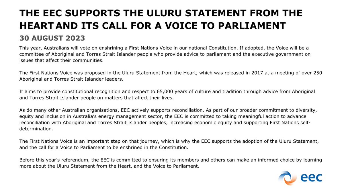 As the Prime Minister announces a date of 14 October for this year’s referendum, we’re pleased to share the EEC’s support for the Uluru Statement from the Heart, and its call for a Voice to Parliament. eec.org.au/news/eec-news/…