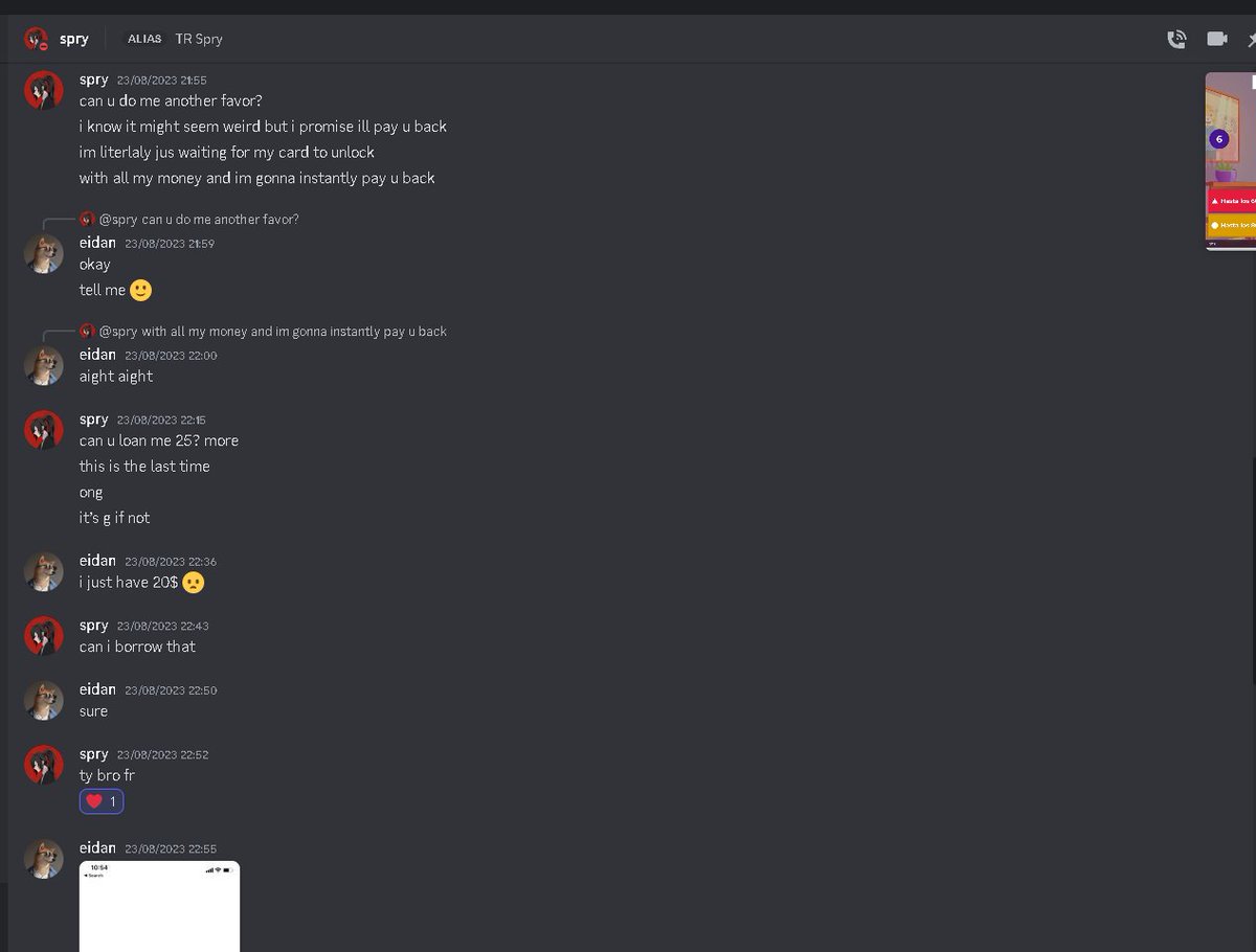 eidanfx's tweet photo. Hello, I want to make public that @sprybtw  has scammed me 60$ telling me that it was for food, I am realizing that sometimes wanting to help others is not always good. 🫤

Please LIKE+RT to spread the word and prevent others from being scammed https://t.co/g5KFEmlE6K