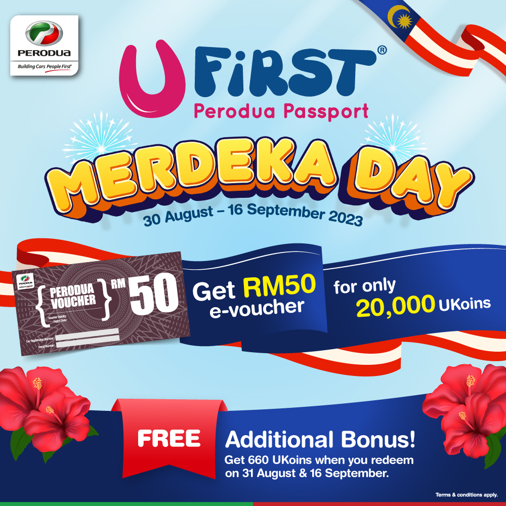 perodua's tweet photo. Happy Merdeka Day, Perodua owners! Don't miss the chance to get a RM50 E-voucher for just 20,000 UKoins! Plus, enjoy an extra treat of 660 FREE UKoins when you redeem on August 31 or September 16!
Visit https://t.co/if0UdQ58d3 for info.
*T&C apply.
#Perodua #UFirst #MerdekaDay https://t.co/GX4rIJZEF2