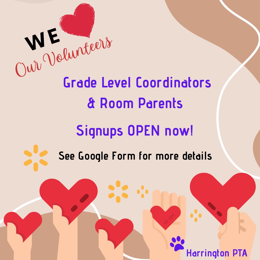 harrington_pta's tweet photo. Signups are happening until September 1 for Grade Level Coordinators, Room Parents, and Photographers- once closed, we will do a random drawing if there is more interest than spots. You will receive a confirmation email - Thank you!

https://t.co/tpkUKJksif https://t.co/gLAiXVx3Tc