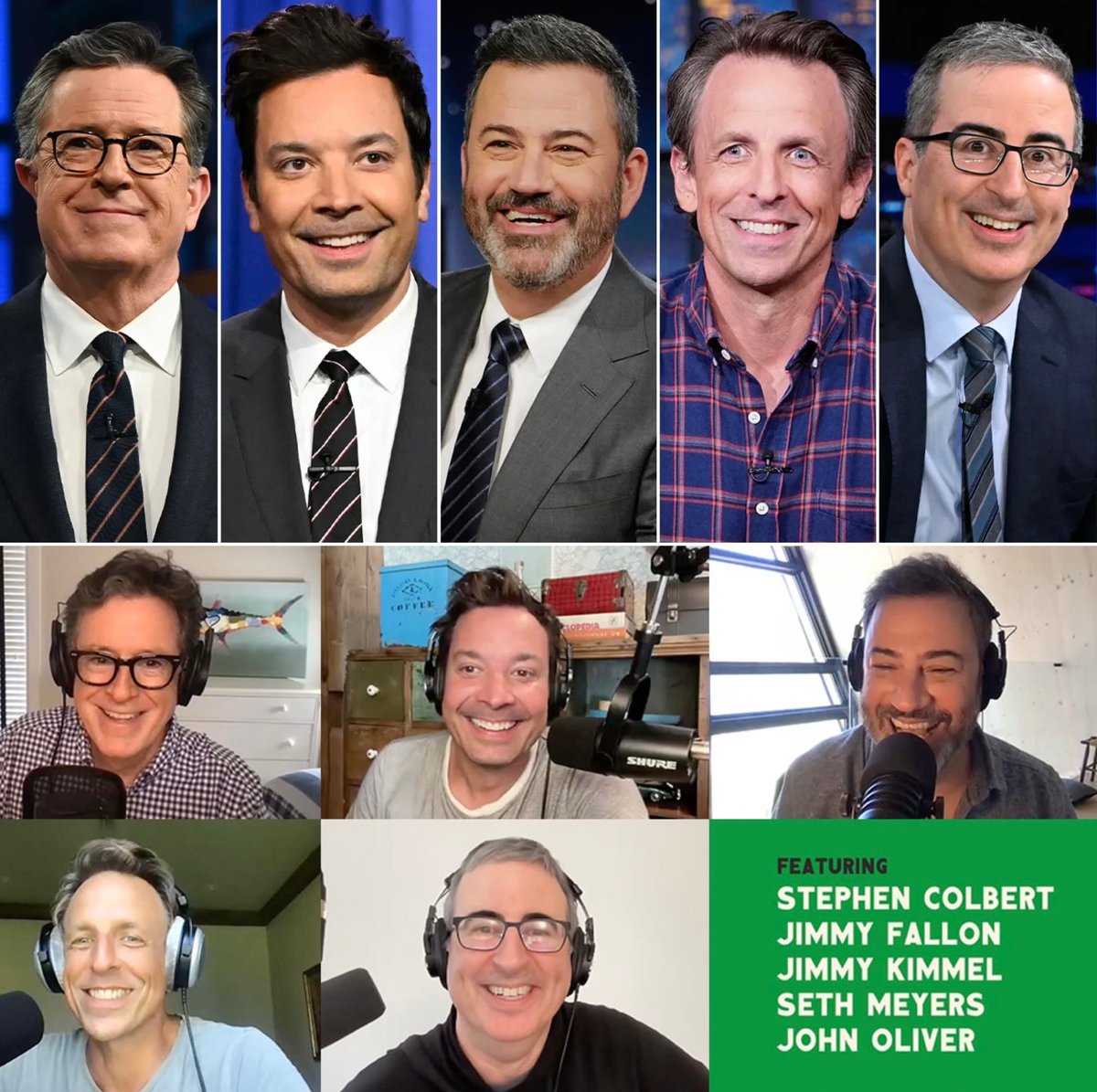 PopCrave's tweet photo. Stephen Colbert, Jimmy Fallon, Jimmy Kimmel, Seth Meyers and John Oliver are teaming up for a new limited podcast series called 'Strike Force Five,' amid the WGA strike. 

All proceeds from the series, launching August 30, will go to out-of-work late-night staff from their shows. https://t.co/cSWHqV1tGO