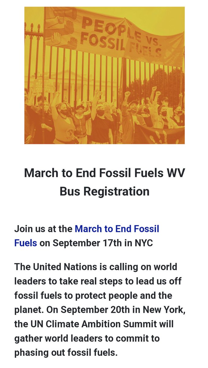WVClimateAction's tweet photo. Live in WV and want to attend the March to End Fossil Fuels on a bus full of like-minded West Virginians? Register below and @WVCAG will contact you by September 6th regarding possible pick-up/drop-off locations and other logistics.

Learn more + register: https://t.co/ne740hGlzE https://t.co/utqBMbHHAw