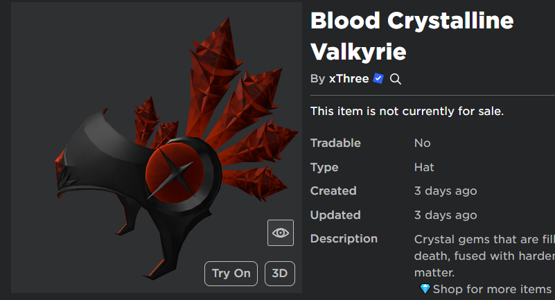 Zarcyn1's tweet photo. Free UGC Item dropping tomorrow " Blood Crystalline Valkyrie" at 6:30 PM EST with 1000 copies! 

Sounds to be a sword fighting style game, all info my video: https://t.co/UEP6hkrVxd https://t.co/1dbZhO7T8u