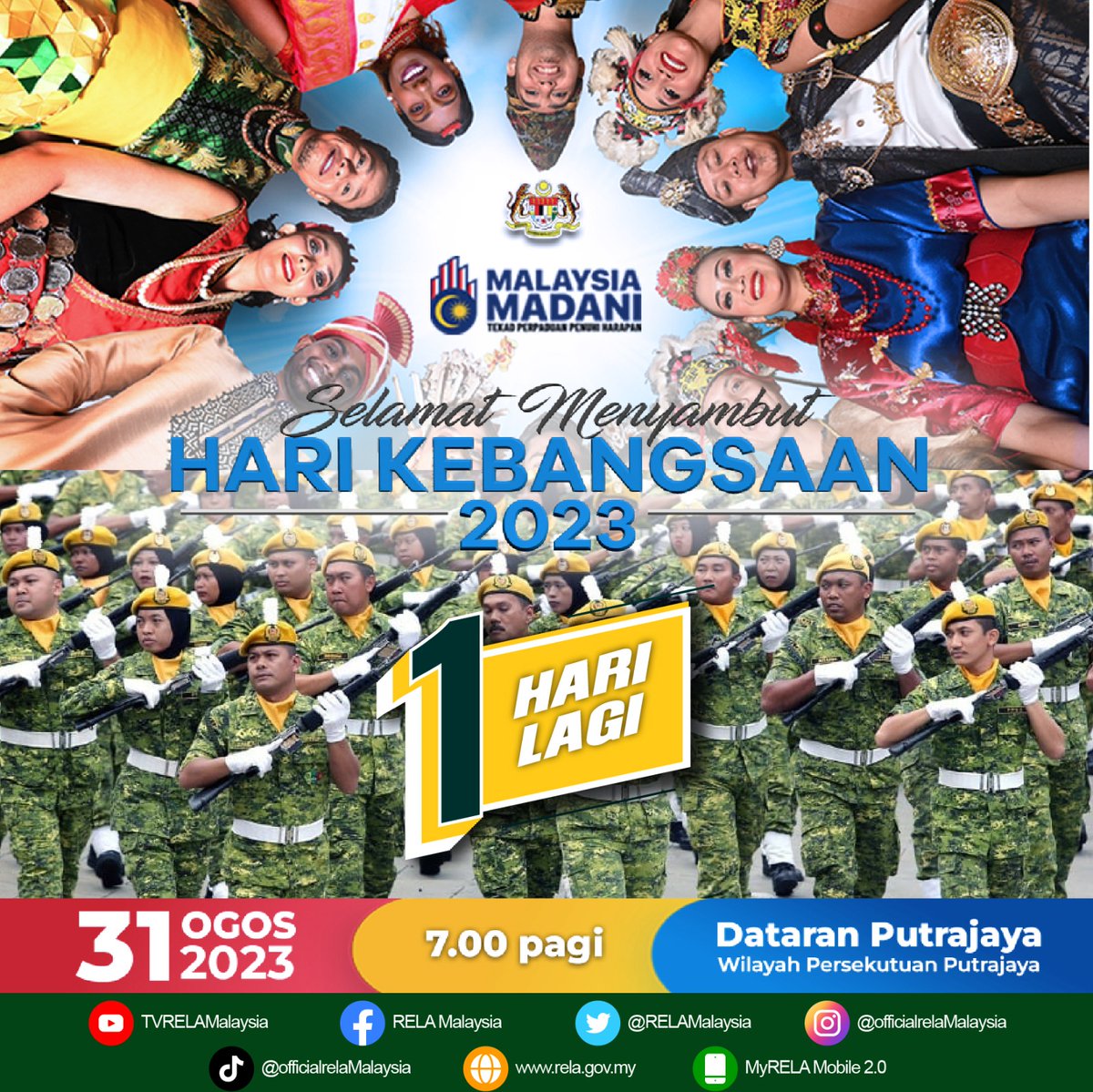 Sambutan Hari Kebangsaan 2023 Ke-66 tinggal 1 hari lagi ye.
Jangan lupa untuk saksikan siaran lansung dari lokasi acara @ saluran media masa arus perdana sama ada di kaca tv mahupun dalam talian.
Jumpa anda di sana...!