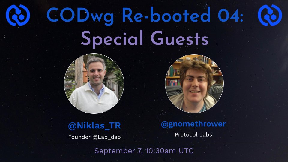 codworkinggroup's tweet photo. 🎉CODwg Live Jam Session 4!    

Join @Niklas_TR from @lab_dao &amp; @gnomethrower from @protocollabs to chat about the mission of LabDAO to provide open science tools &amp; #desci &amp; future plans

Info: 
📅Sept 7, 2023 
📺 https://t.co/PaM6wBo27K
🎙️Hosts: @DeveloperAlly &amp; @silentspring30 https://t.co/AR12gIhIdy