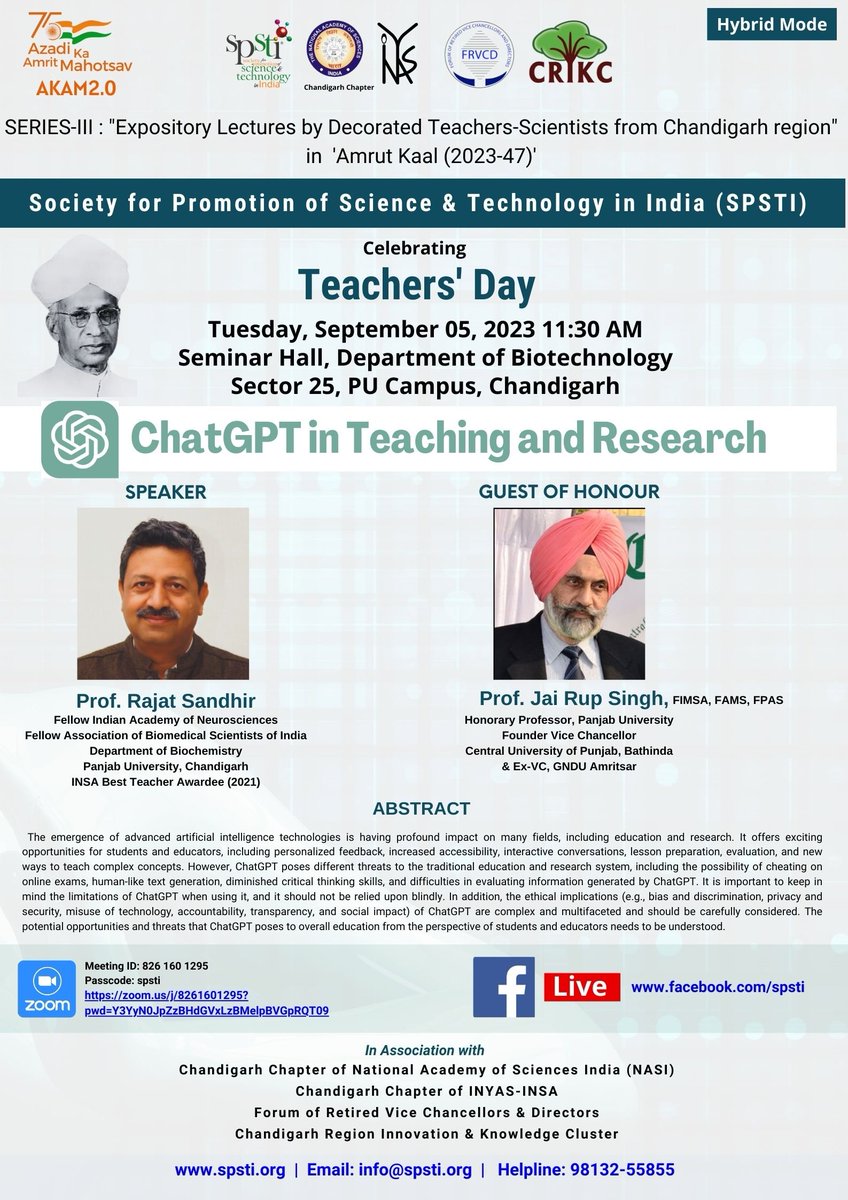 On occasion of Teachers Day, <a href="/SPSTI5/">SPSTI</a> is organizing a lecture in Hybrid Mode on 'ChatGPT in Teaching &amp; Research' to be delivered by Prof. <a href="/RajatSandhir/">Rajat Sandhir</a>
Join on Sept 05 at 11:30 AM at Panjab University or online through Zoom Link: zoom.us/j/8261601295?p…  
Pass code: spsti