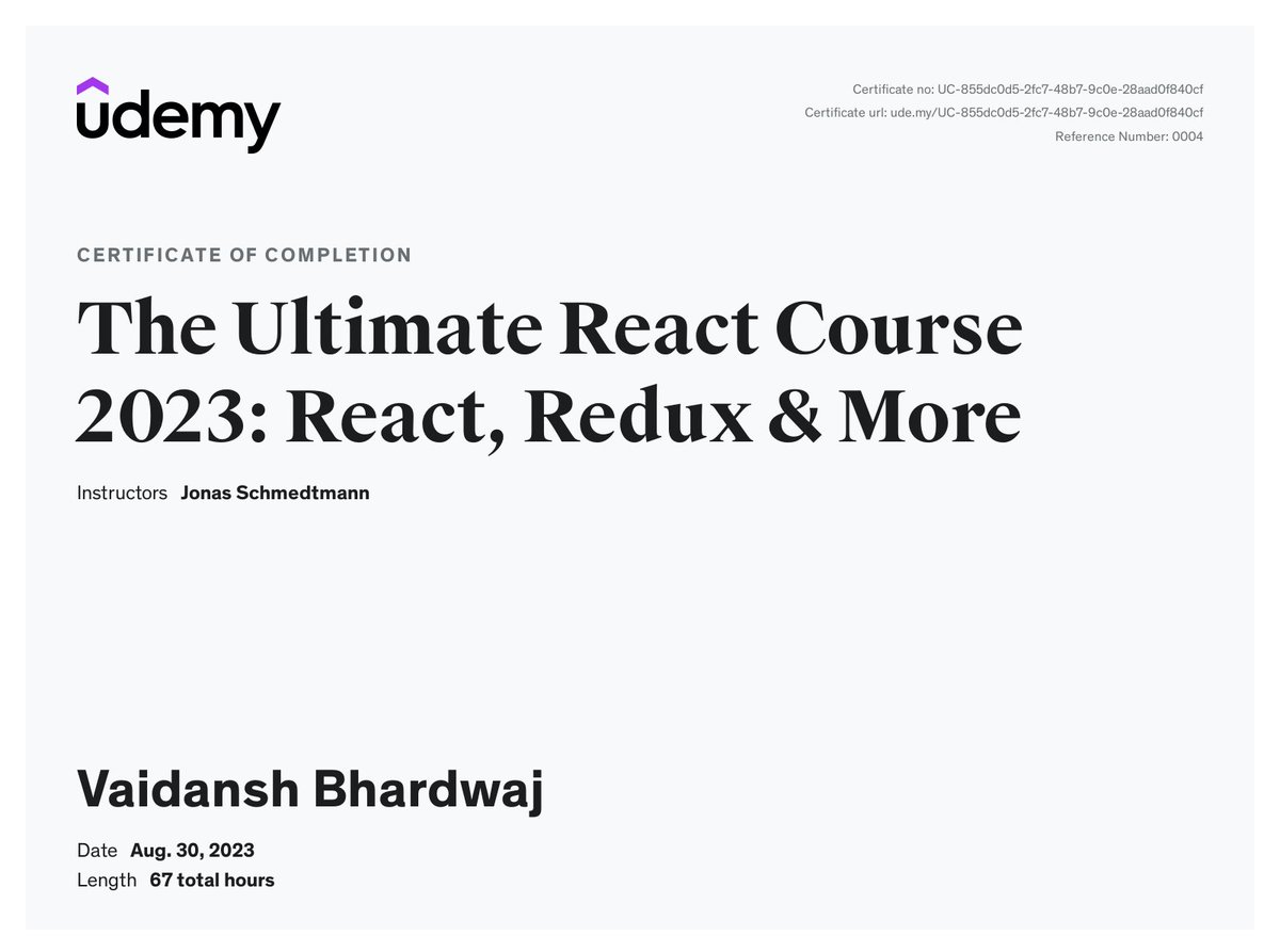 Done with the Ultimate React Course by <a href="/jonasschmedtman/">Jonas Schmedtmann</a>!

Densely packed with information and projects implementing technologies relevant in the industry. Highly Recommended!