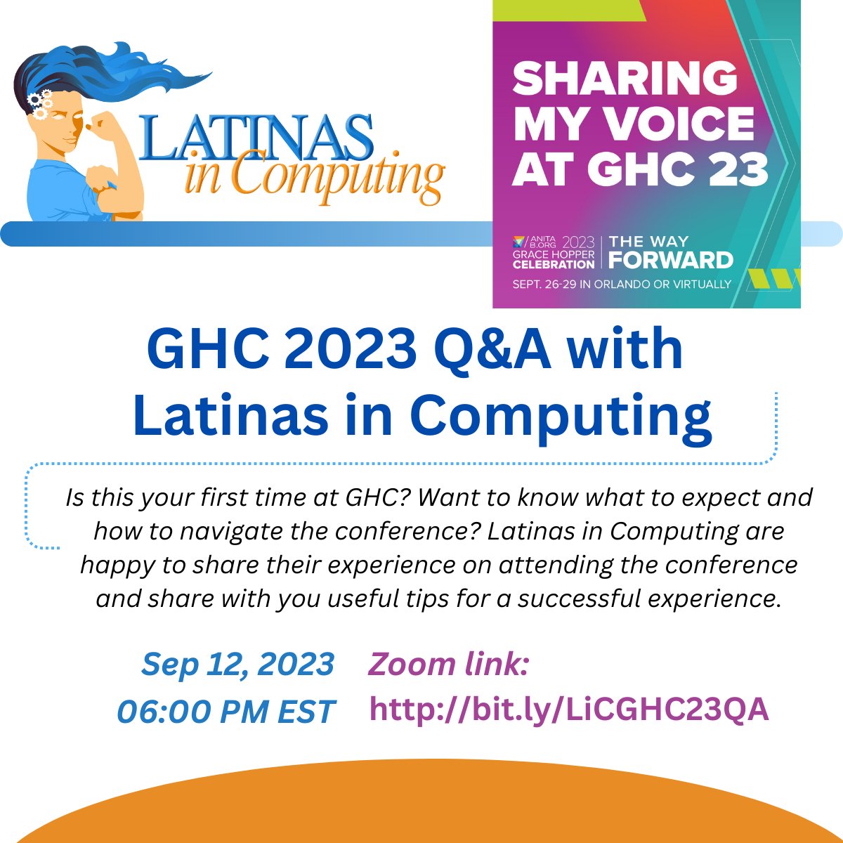Come join Latinas in Computing in an experience-based Q&amp;A session to help you navigate the Grace Hopper Celebration 2023! bit.ly/LiCGHC23QA
#LatinasInComputing #GHC2023 #GHC23