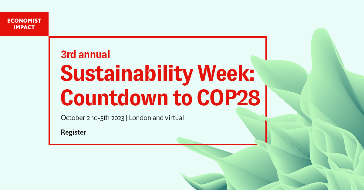 We’re delighted to be partnering with @economistimpact for the 3rd Annual Sustainability Week: Countdown to COP28.

The event will gather experts to provide practical ideas to help prepare for #COP28.

🗓️2-5 October 2023
📝Register: events.economist.com/sustainability…

#EconSustainability