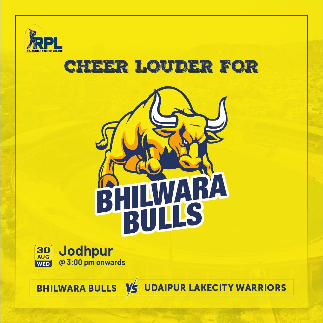 Bhilwarabulls's tweet photo. "Get ready to cheer as Bhilwara Bulls take on their rivals today! The match promises high-energy action and intense competition. Don't miss out on the excitement!"
#bhilwarabulls #RajasthanPremierLeague #RPL2023 #bhilwara #rpl23 https://t.co/c0igwb9l5g