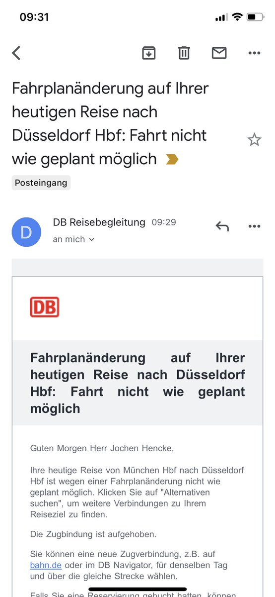 Euer f***** Ernst, <a href="/DB_Bahn/">Deutsche Bahn Personenverkehr</a>?! Das kommt 1 1/2 h vor der geplanten Fahrt? Und ich frage gestern noch. 🤦🏼‍♂️ 

Kann ich den #ICE628 jetzt bis Köln Hbf nehmen oder brauche ich eine komplett neue Alternative?