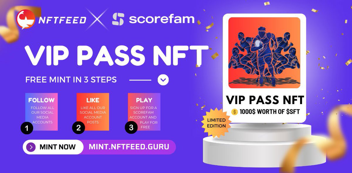 Scorefam (@scorefam_io) on Twitter photo ScoreFam 🤝 NFTFeed
⚡️Free Mint Event⚡️
🎟Raffle $1000 rewards giveaway for 100 NFT Holders
1️⃣Follow <a href="/NFTFeedOfficial/">NFTFeed 🛡️| Mainnet Live</a> & @scorefamsports
2️⃣RT & ❤️, reply and tag 3 fens 🫂
3️⃣Join Telegram: t.me/scorefamsports…
🔗Mint link: mint.nftfeed.guru/nft-collection…
⌛️ 08/30 - 09/12
NFT Free ScoreFam 🤝 NFTFeed
⚡️Free Mint Event⚡️
🎟Raffle $1000 rewards giveaway for 100 NFT Holders
1️⃣Follow <a href="/NFTFeedOfficial/">NFTFeed 🛡️| Mainnet Live</a> & @scorefamsports
2️⃣RT & ❤️, reply and tag 3 fens 🫂
3️⃣Join Telegram: t.me/scorefamsports…
🔗Mint link: mint.nftfeed.guru/nft-collection…
⌛️ 08/30 - 09/12
NFT Free