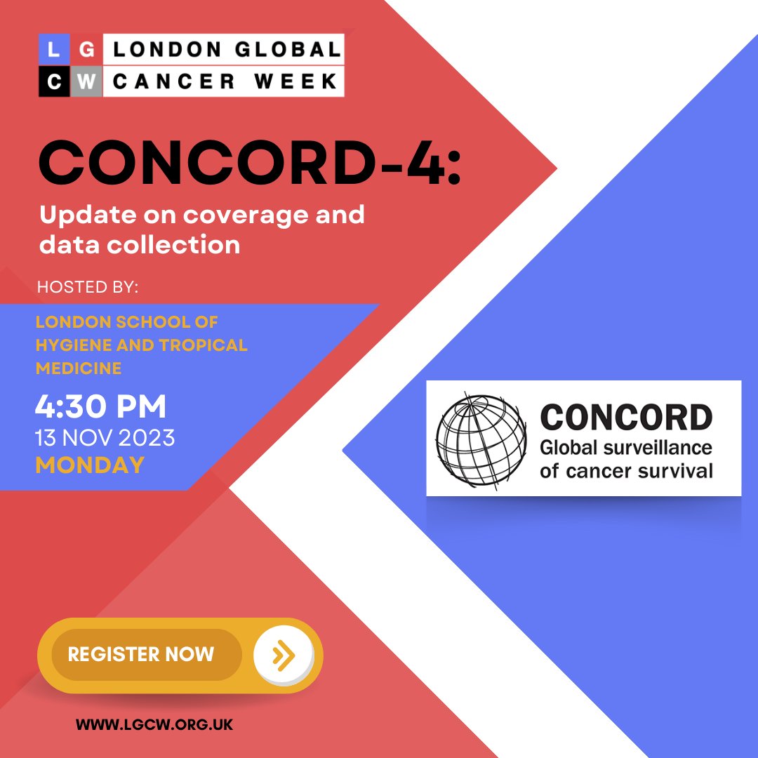 Uncover the Future of Cancer Surveillance at CONCORD-4! 📈 Explore global cancer survival trends from 2000 to 2019. Save the date now >> bit.ly/3YQQTVs #LondonGlobalCancerWeek #CONCORD4 #CancerSurvival #GlobalHealth #LSHTM #CancerResearch #LGCW2023