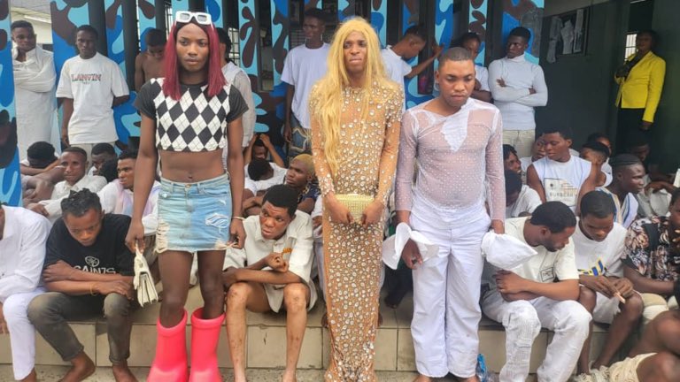 PSAFLIVE's tweet photo. JUST IN: Dozens of ‘gay jollof wedding’ attendees arrested

Homosexuality will not be tolerated in Nigeria, as it is in the West, a Delta State Police spokesperson has said https://t.co/EAijrOxjiE
