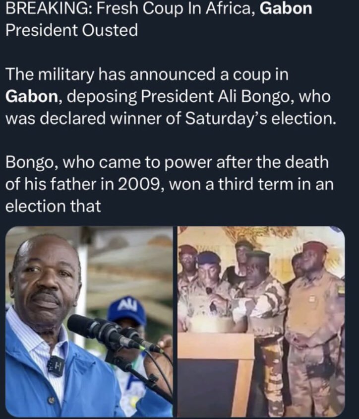 Here is exactly what’s happening in Gabon this morning and I honestly rejoice with the people of Gabon for breaking free from family captivity of 57 years in power

#viralvideo #Gabon #GabonElection #CoupdEtat