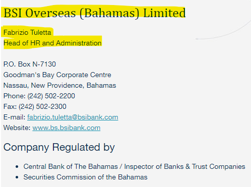 ParrotCapital's tweet photo. Back to the Bahamas and #BSIBank / #BSIOverseas.
Now that we know their Swiss origins, a name caught my eye:
Fabrizio Tuletta
Head of HR and Administration
P.O. Box N-7130
Goodman's Bay Corporate Centre
Nassau, New Providence, Bahamas
https://t.co/rJSXvJ25b2 https://t.co/5f943pbVJt