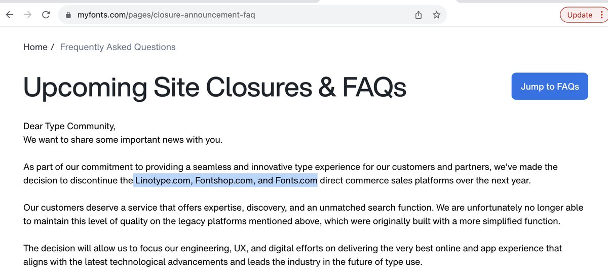 BIG News: Monotype has just announced that they are shutting down their popular e-commerce sites Fontshop.com, Fonts.com, and Linotype.com:

myfonts.com/pages/closure-…