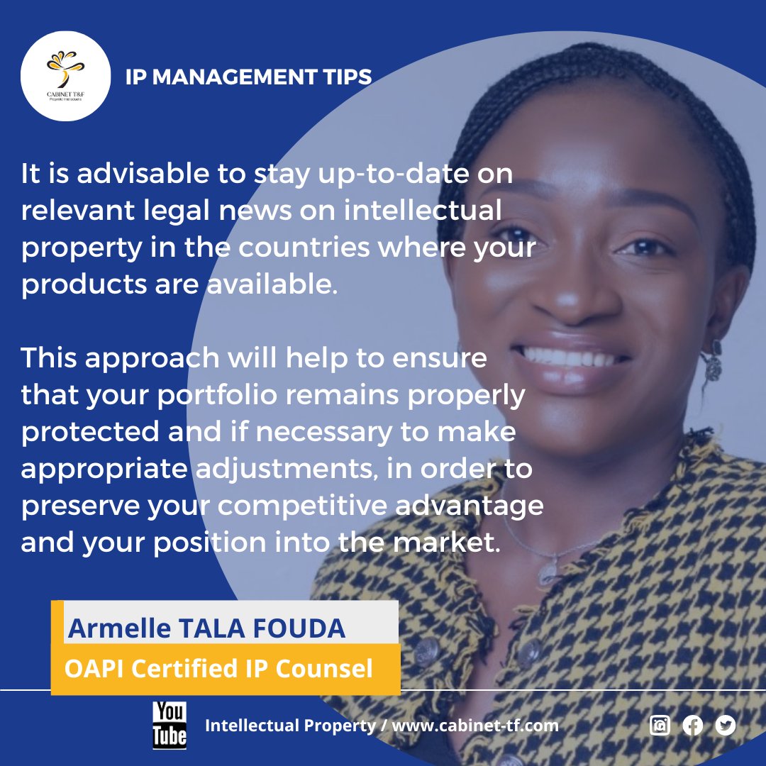 IP MANAGEMENT TIPS

✅ It is advisable to stay up-to-date on relevant legal news on intellectual property in the countries where your products are available.

#intellectualproperty #businessinafrica #businesstips #iplawyer #competitiveadvantage #strategy #ipstrategy #cabinetTF